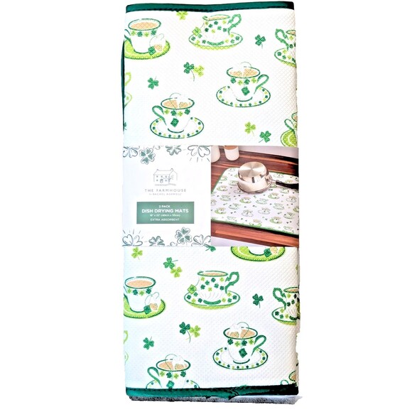 St Patrick's Day Dish Drying Mats Teacups Lucky Green Clover 2-Pc Holiday Gift - Picture 1 of 4